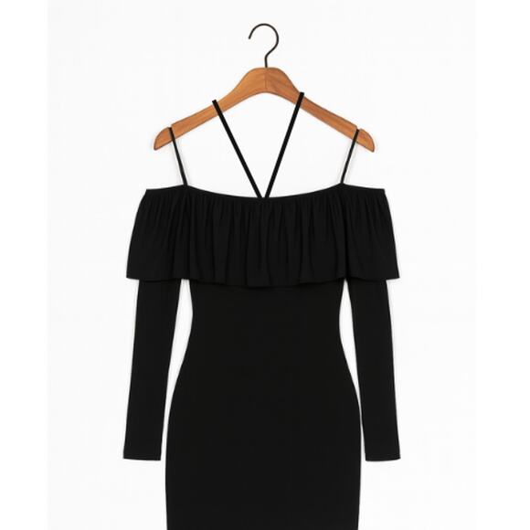 Chaser Ruffle Trim Off Shoulder Dress in Black – NWT Size Medium - Picture 2 of 2